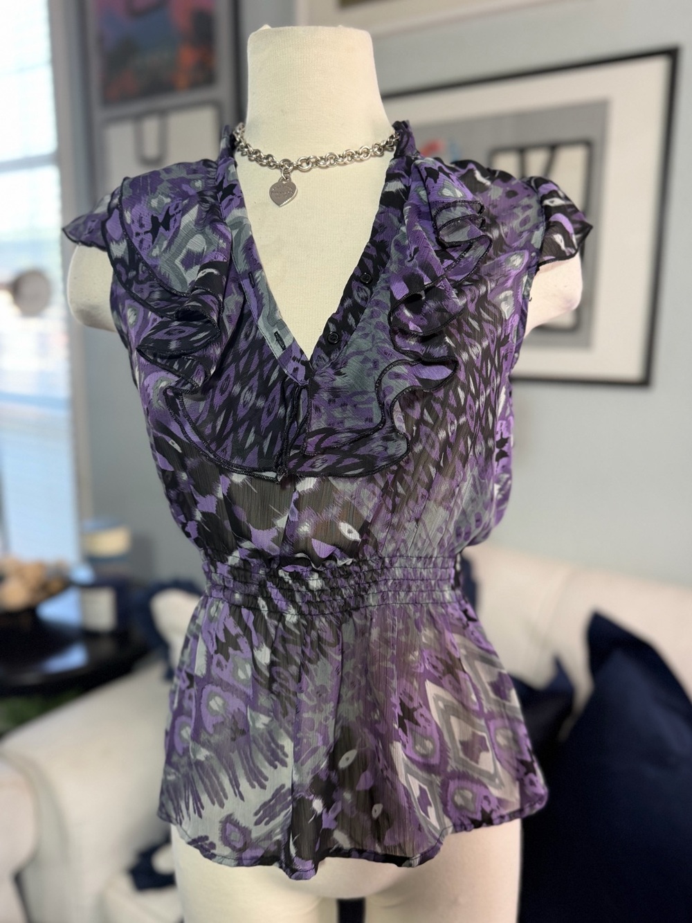 Y2K style Purple Floral Ruffle V-Neck Smocked Waist Blouse S